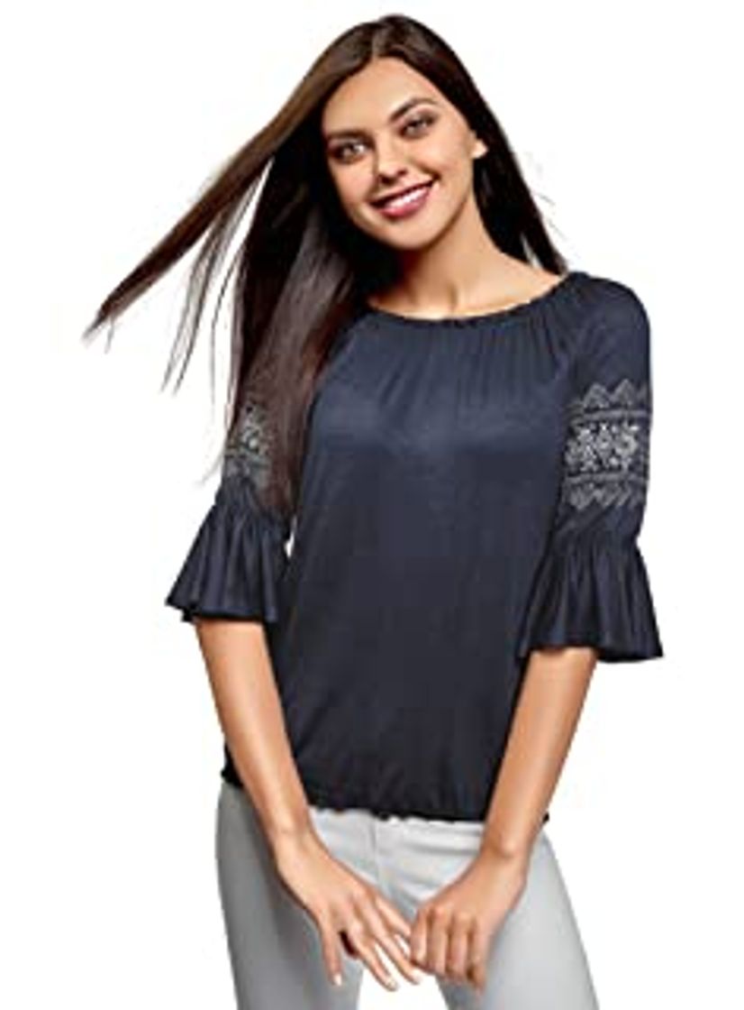 Moda oodji Ultra Mujer Blusa de Punto con Bordado en Las Mangas, Verde,