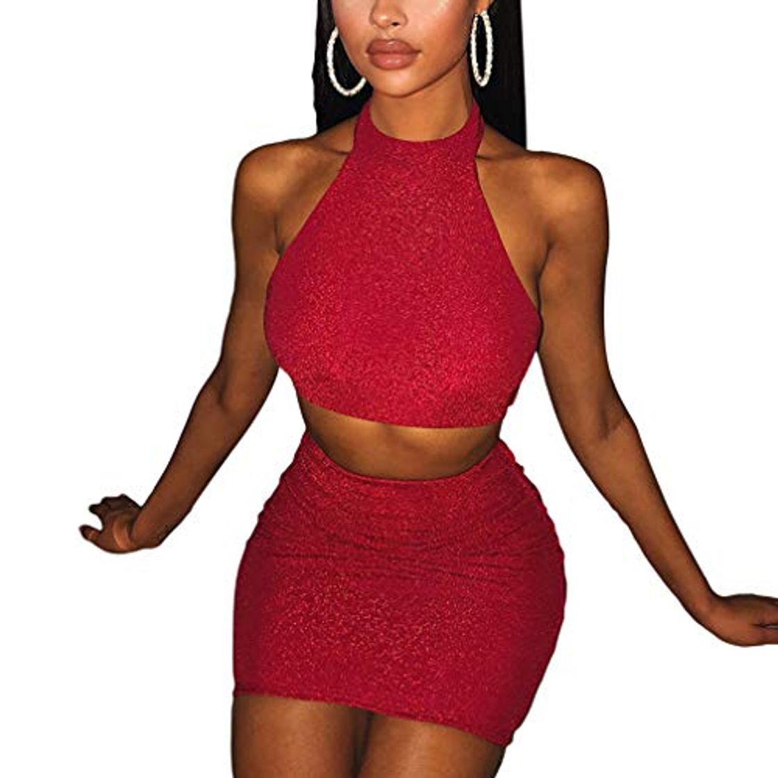 Fashion Yying Glitter Halter Backless Party Conjunto de Dos Piezas Crop Top Mini Faldas Sexy Conjunto 2piezas Short Mujer Outfits