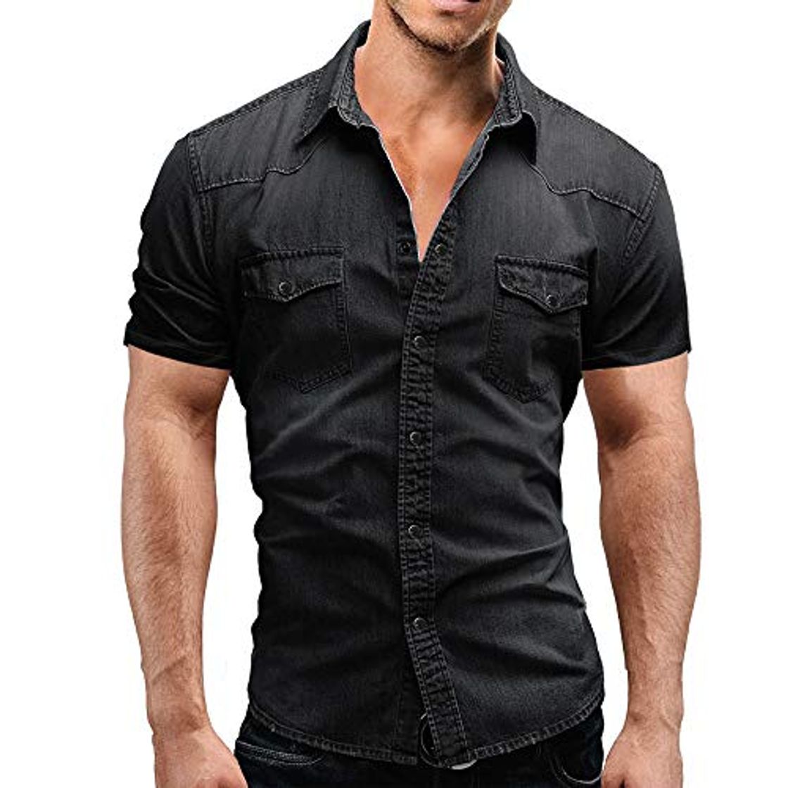 Fashion Jinyuan Camisa De Hombre De Moda Camisa De Mezclilla con BotóN Delgado para Hombre Casual Camisa De Manga Corta para Hombre con Bolsillos Gris Oscuro XL