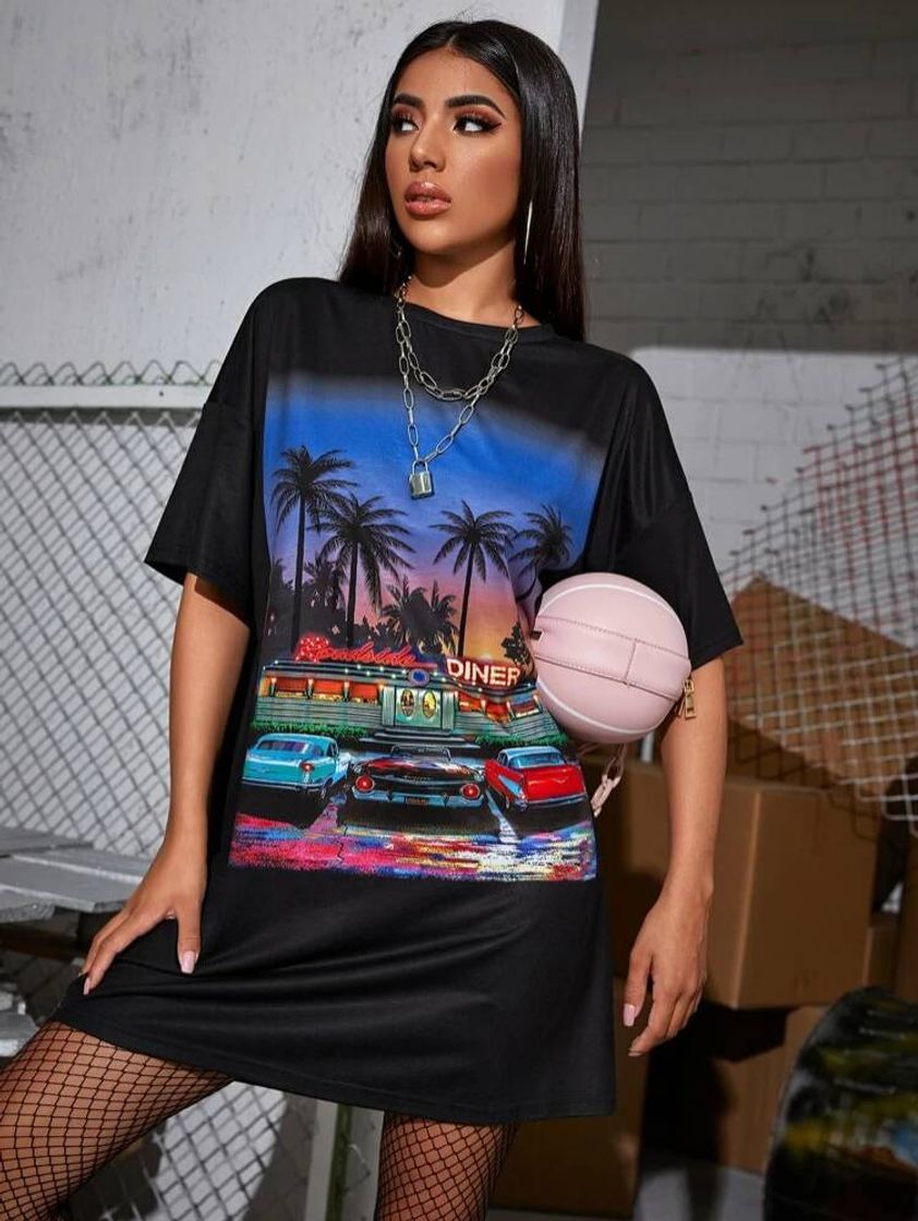 Social SHEIN Preto Gráfico Ocasional Vestido

