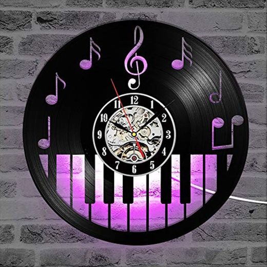 FDGFDG Hollow Piano Keybord Reloj de Registro de Vinilo Estilo Creativo y Retro Negro Redondo LED Reloj de Pared Música Piano Decoración Arte Reloj