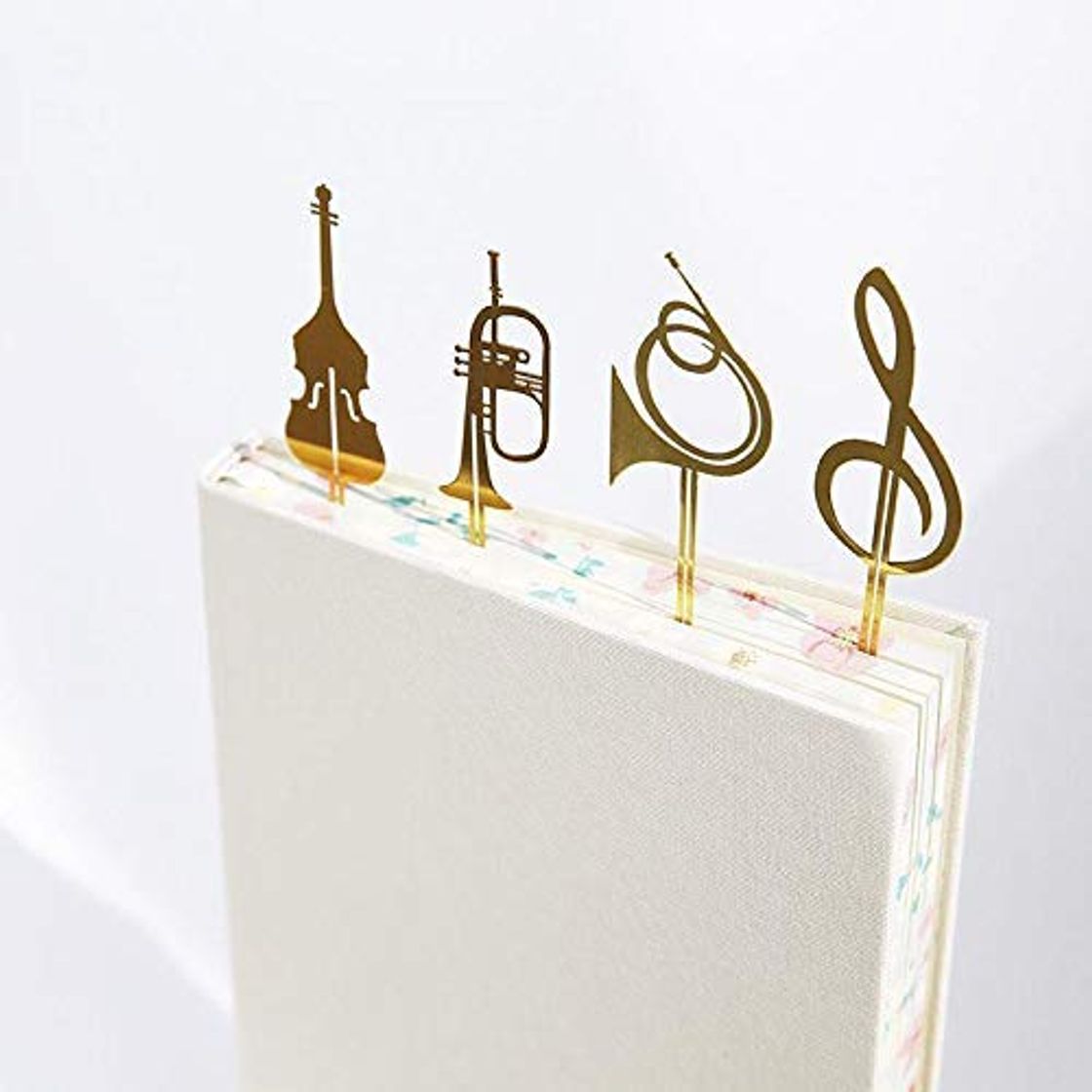 Producto 4 puntos de libro de acero inoxidable bañado en oro de 18 quilates con formas de instrumentos musicales Amupper