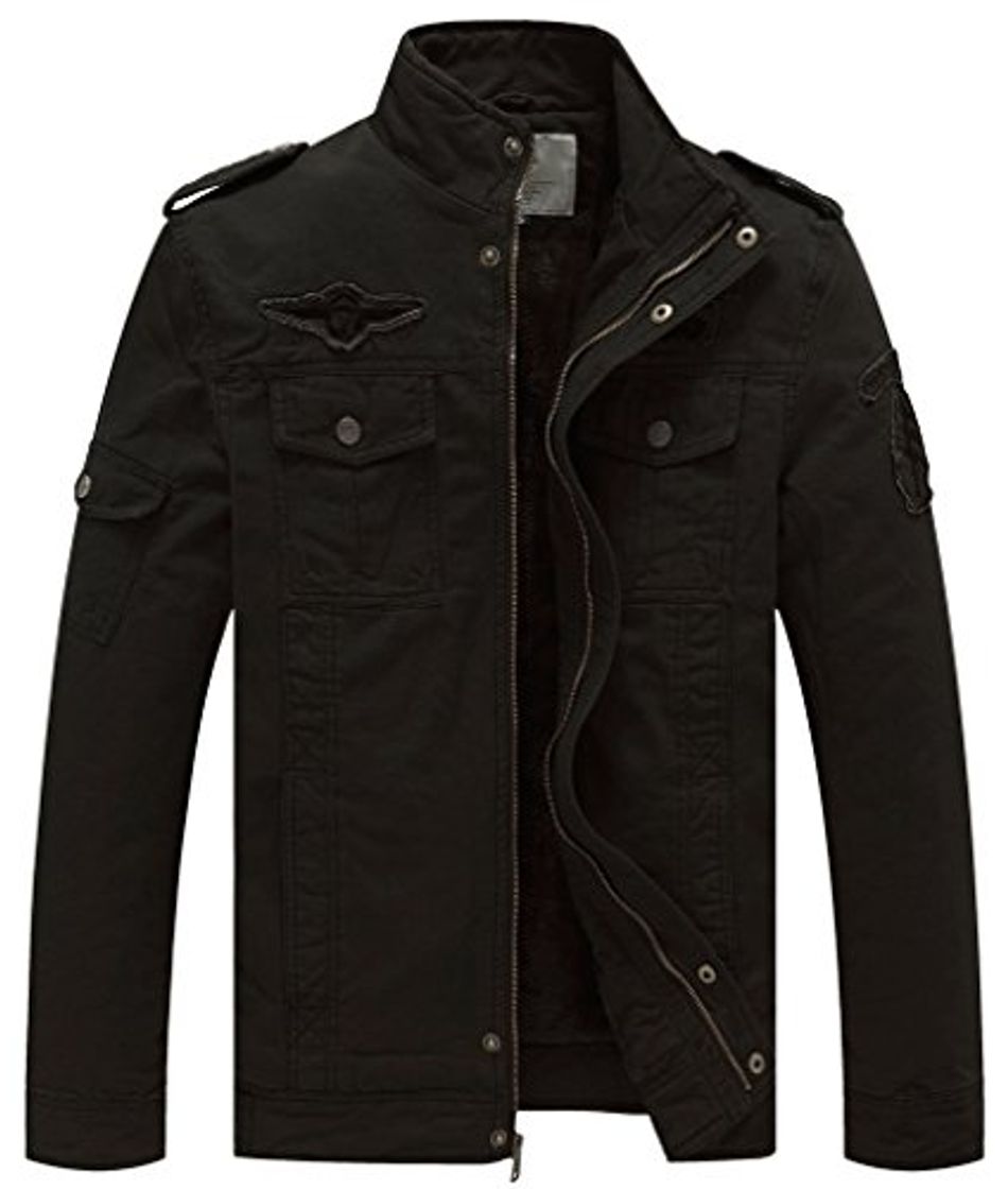 Moda WenVen Cazadora Militar Invierno de Borrego Casual Hombre Negro X