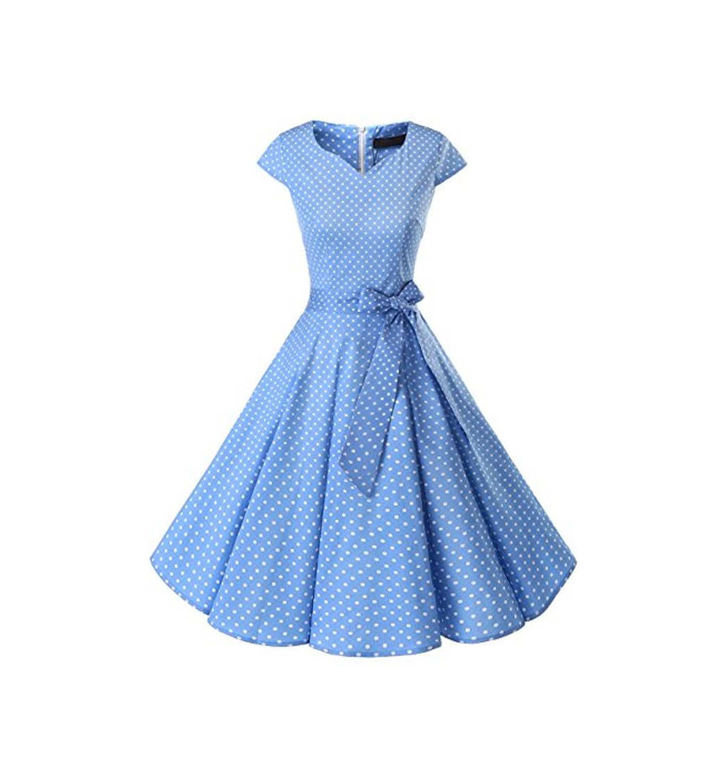 Fashion DRESSTELLS Mujer Vestido Corto Mujer Retro Años 50 Vintage Vestido de Cóctel Blue Small White Dot XL