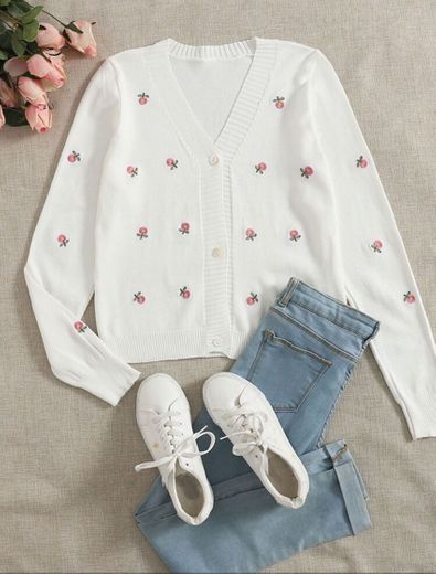 Floral Embroidery Button Up Cardigan | SHEIN EUR