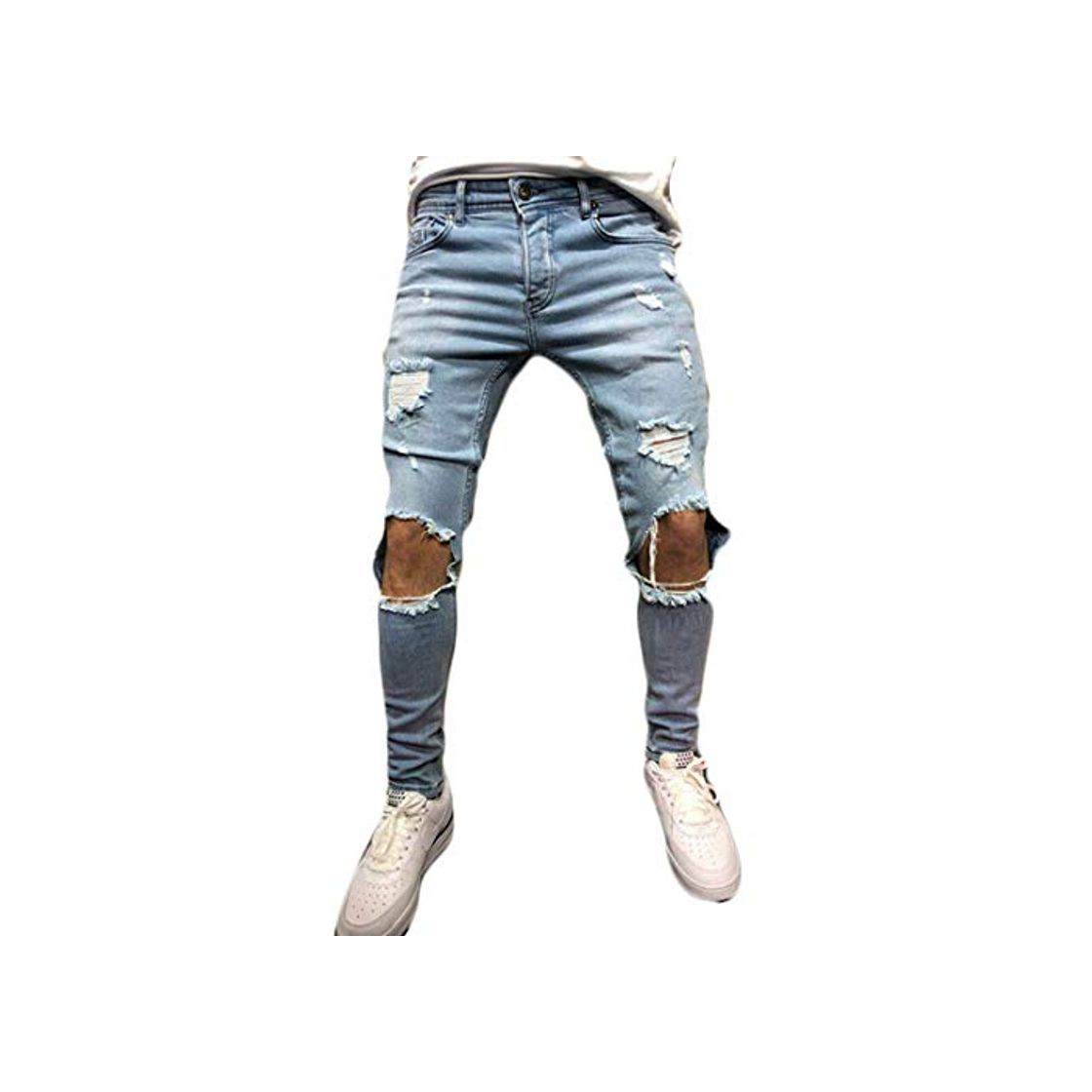 Social Inlefen Hombres Retro Jeans destruidos Cremallera Fuerza elástica Afligido Rasgado Mezclilla Pantalones