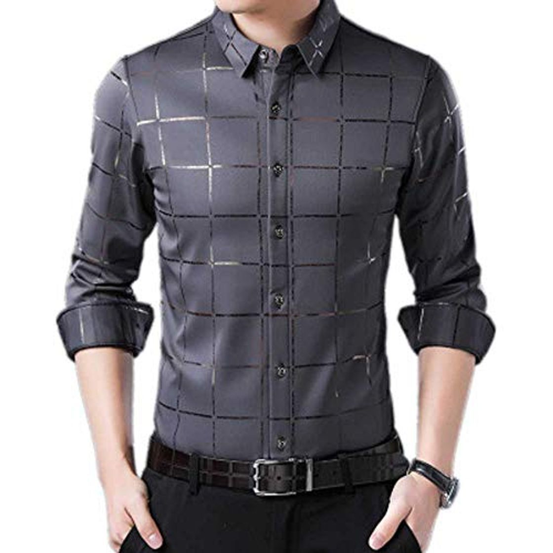 Fashion NOBRAND Casual Spring Plaid Manga Larga Slim Fit camisa de los Hombres Streetwear Social Dress Camisas para hombre Moda Jersey Gris gris 3XL