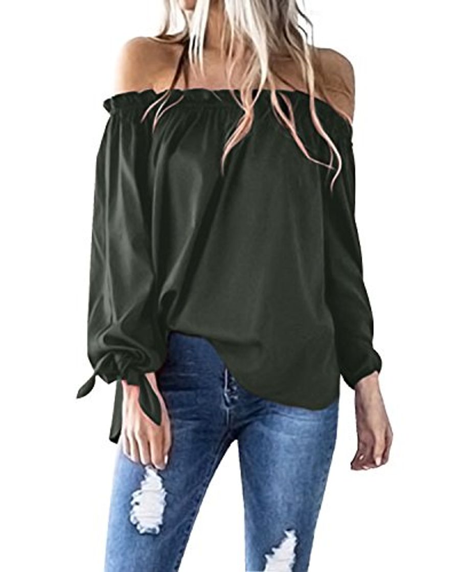 Fashion ACHIOOWA Mujer Camiseta Manga Larga Sexy Hombros Descubiertos Otoño Blusa Elegante Casual