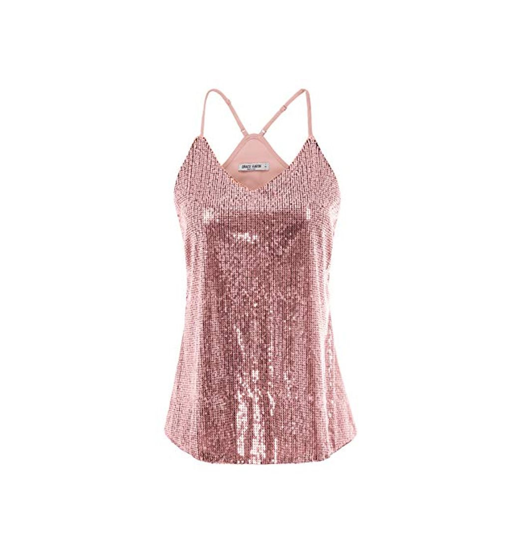 Social GRACE KARIN Camiseta de Tirantes para Mujer de Lentajuelas Top Brillante para
