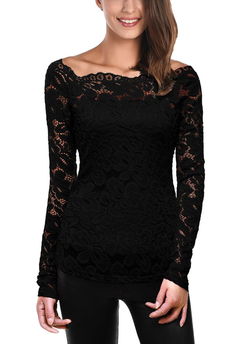 Producto DJT Mujeres 2 en 1 Camisa de Encaje Floral Crochet Top Shoulder Off Lace Shirt Negro Small