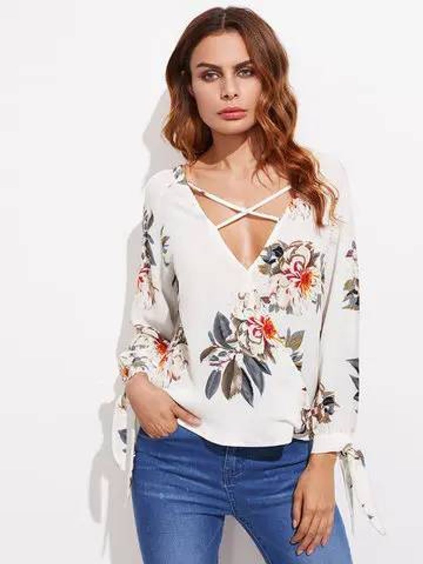 Social Women Sexy Floral Printed Deep V-neck Chiffon Blouses Cheap