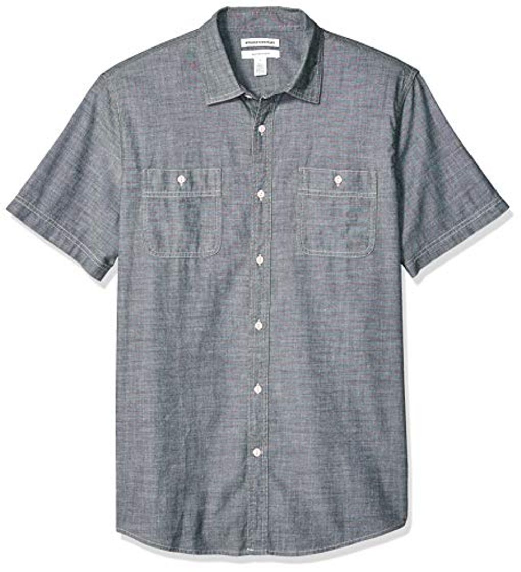 Moda Amazon Essentials - Camisa de cambray de manga corta para hombre, gris,