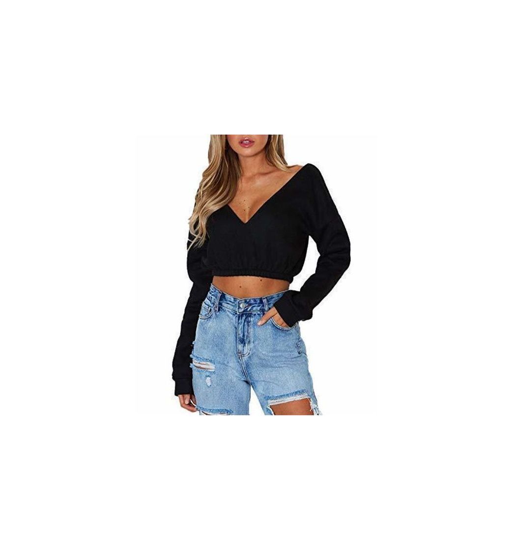 Social OUFour Primavera y Otoño Mujeres Crop Top Cuello V Manga Larga Remata