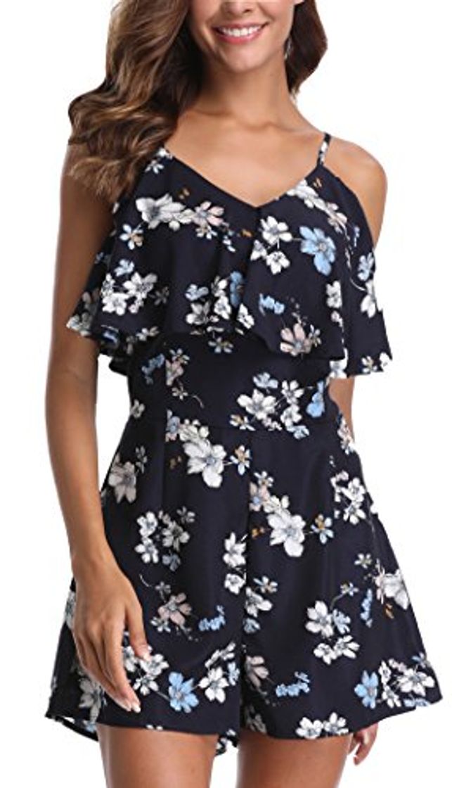 Social MISS MOLY Mono Corto Mujer Verano Sin Mangas Pantalón Estampado Floral Boho Casual Sexy Jumpsuits Playsuit Elegantes Azul Small