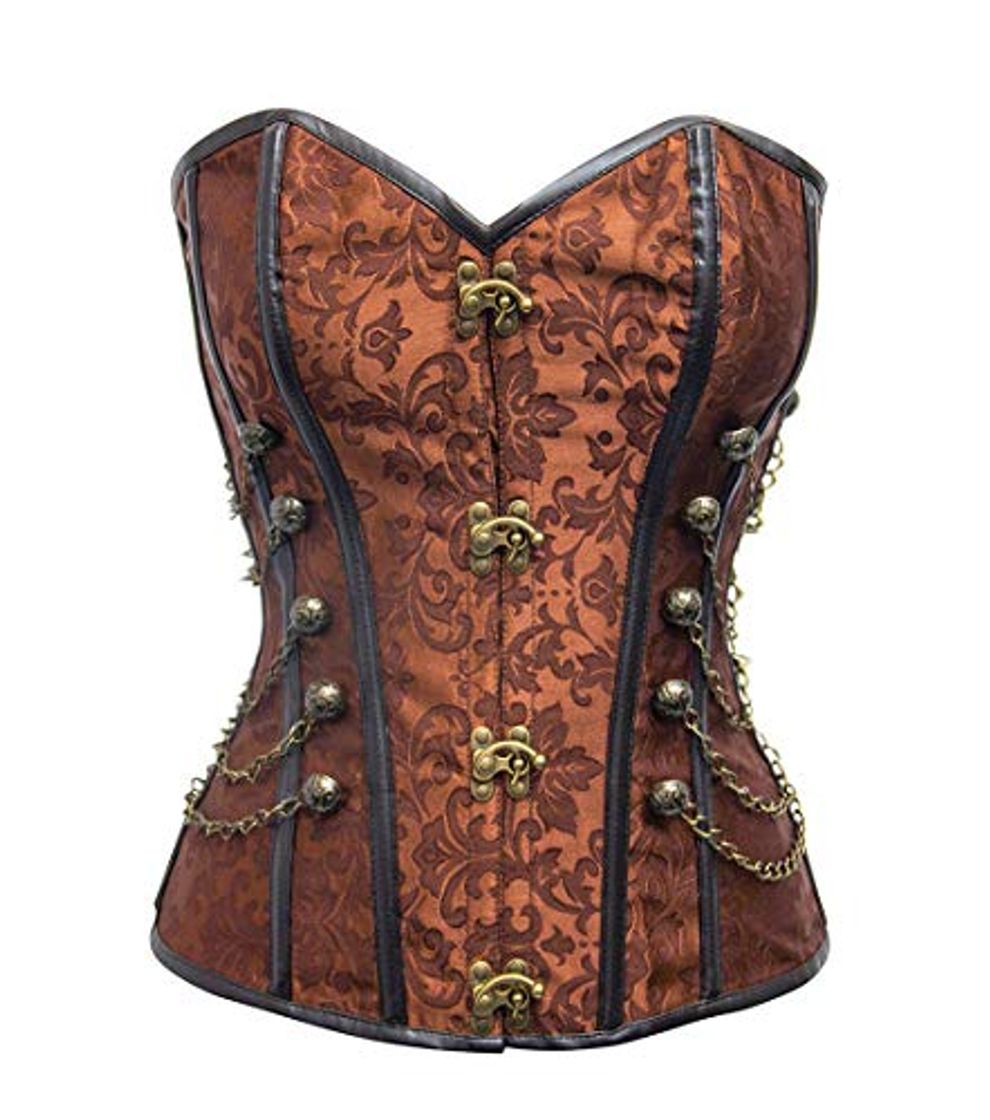 Moda MISS MOLY Steampunk Corsé de Jacquard para Mujer Espiral Acero Cintura Bustier con Encaje y Tiras Adjustado