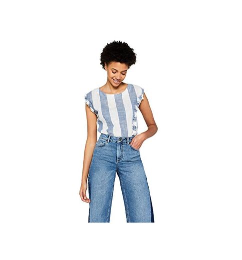 Marca Amazon - find. Blusa de Rayas con Volantes Mujer, Azul