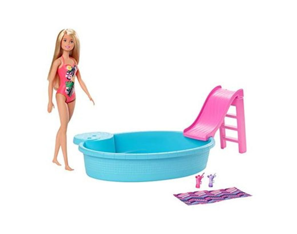 Product Barbie muñeca rubia de 30 cm con piscina, tobogán y accesorios, regalo