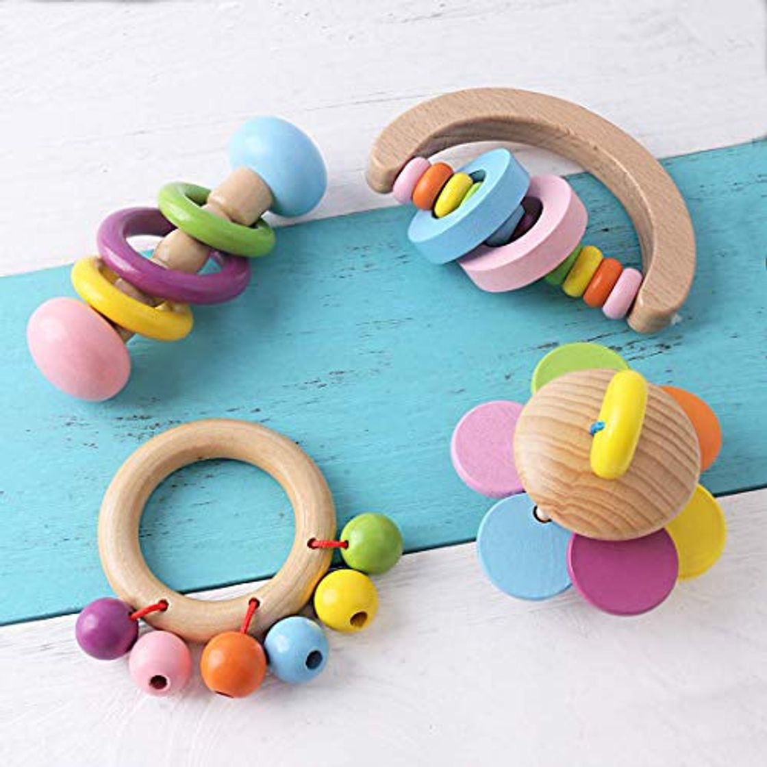 Producto Promise Babe Juguetes Orgánicos de Madera para Niños Pequeños Sonajeros de Madera 4pc para Niños Campanas de Arcoiris Juguete Educativo Baby Ringer Montessori No Tóxico Regalo de la Ducha