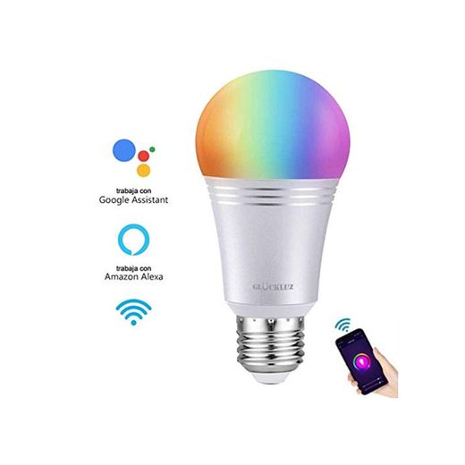 Glückluz Bombilla Inteligente Alexa Focos WiFi Bombilla Inteligentes RGBW Foco LED 60W equivalente Lampara Inteligente 7W Smart Light Bulb Control Remoto Smartphone APP Amazon Alexa y Google Home