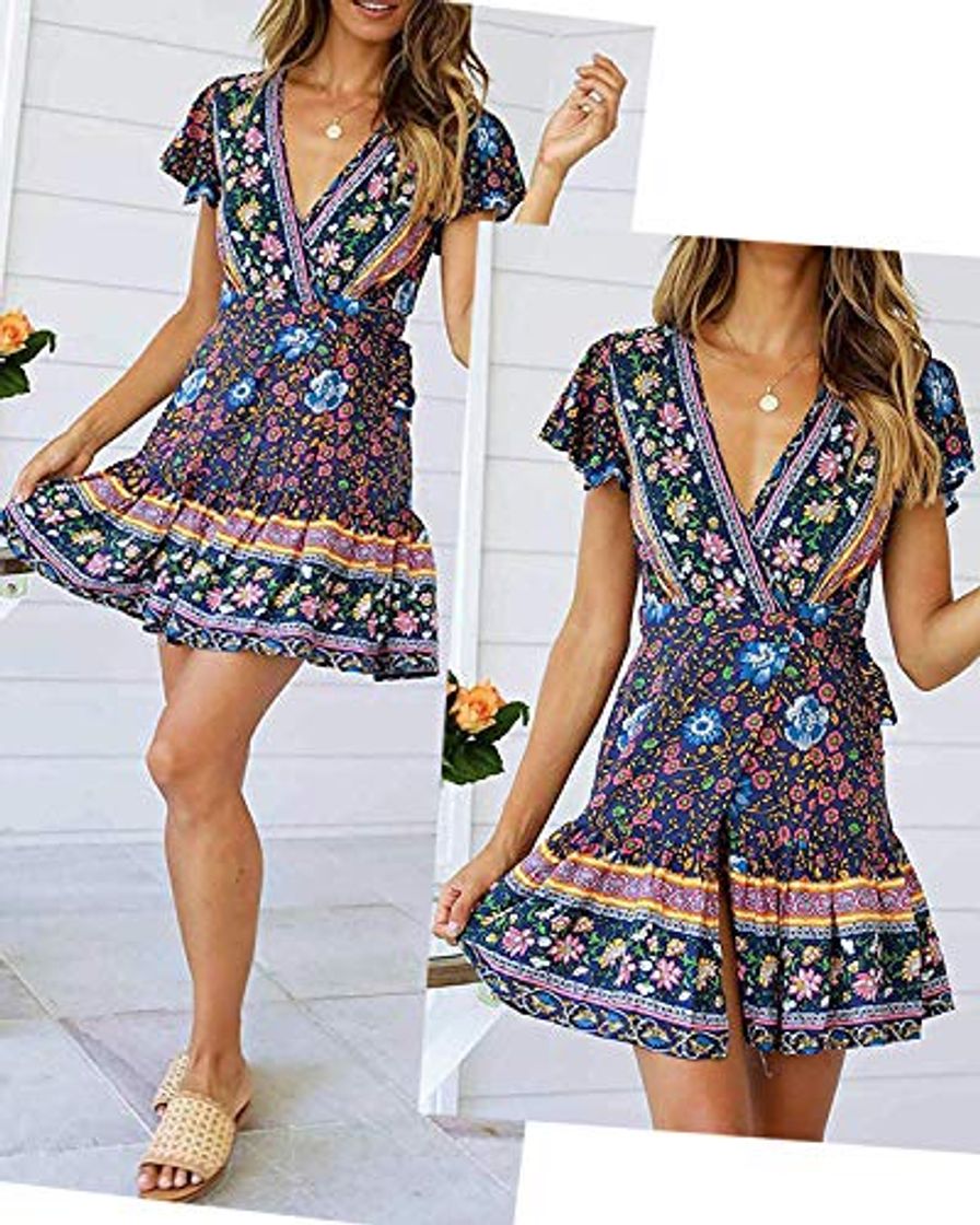 Fashion Abravo Mujer Vestido?Bohemio Corto Florales Nacional Verano Vestido Casual Magas Cortas Chic