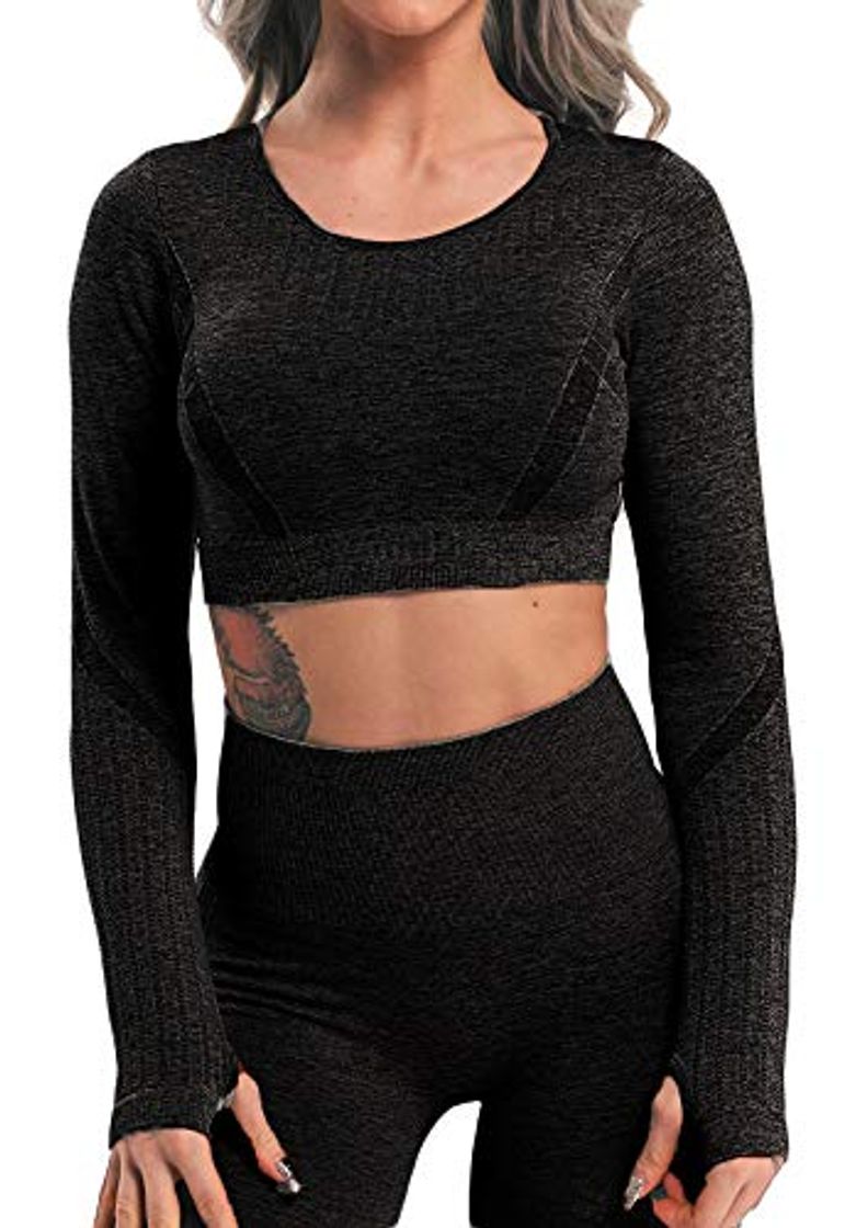 Social Tops Yoga Camiseta Deportiva Sin Costura Mangas Larga Fitness Mujer Gimnasio Negro