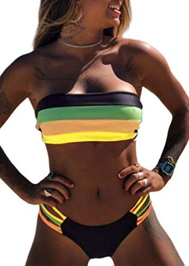 JFan Mujer Conjunto de Bikini Dividido Colorido Rayas Sin Tirantes Cosido Sujetador