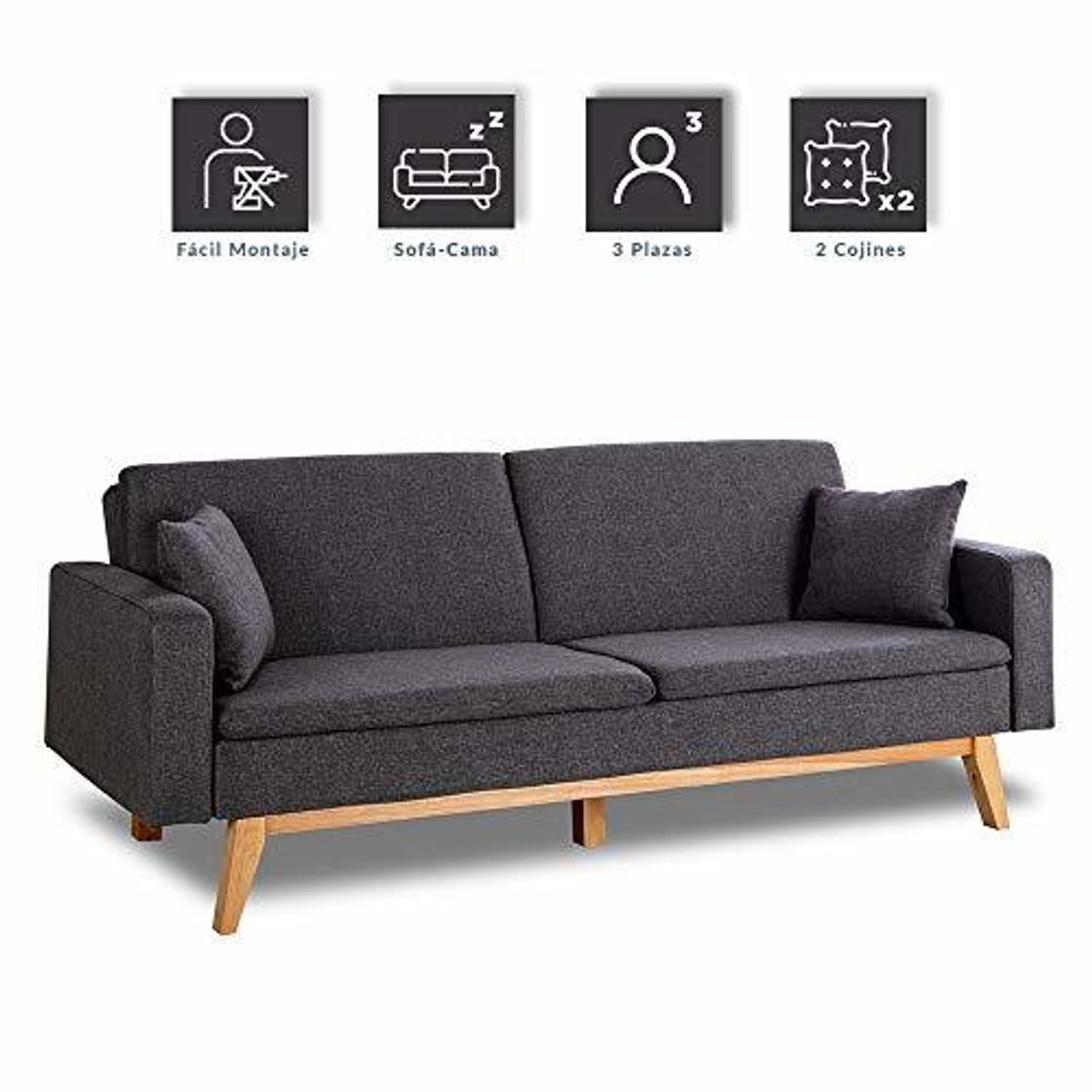 Social Don Descanso, Sofá Cama 3 plazas Reine, Tapizado en Tela, Color Gris