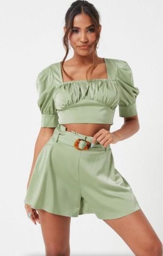 Sage satin paperbag waist bucket short