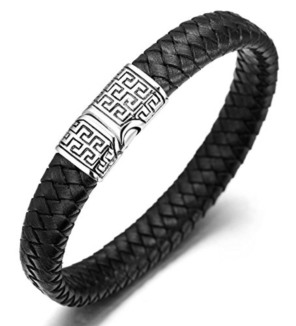 Moda Halukakah ● Solo ● Pulsera Hombre Cuero Genuina Negro Cierre Magnético Titanio