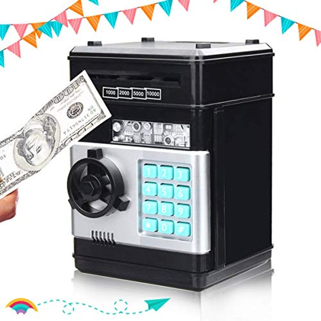 Products SAFETYON Hucha Electrónica con Cifrado de 4 Dígitos Cajero Automatico para Ahorrar Monedas y Billetes Regalo de Cumpleaño para Niños Negro