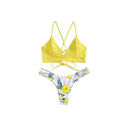 Zaful - Bikini de baño trenzado con estampado