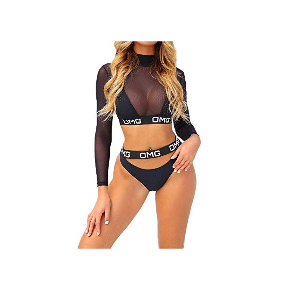 Fashion runi mo Traje de baño de 3 Piezas Sujetador Acolchado para Mujer Triángulo de Cintura Alta Tanga Bikini Set con Camisa de Malla de Manga Larga Cubrirse Negro