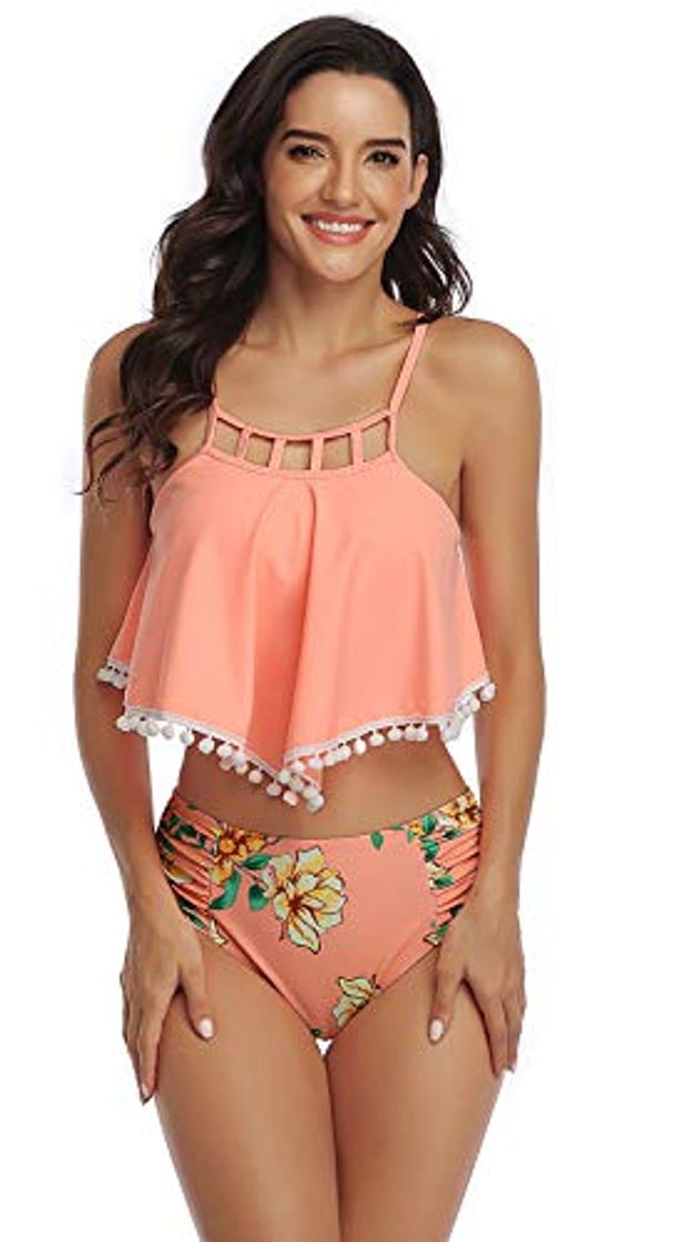 Fashion Ropa Traje De Baño Dos Piezas Flor Flores Bajo de Volante Volantes Acolchado Crop Conjunto Top de Bikini con Cintura Alto Braguita de Bikini Swimsuit Bañador Naranja Pom Pom M