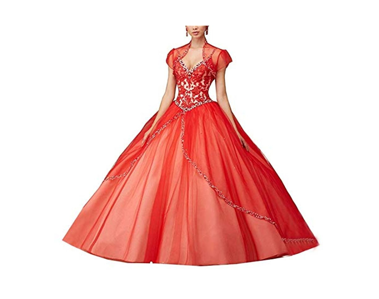 Moda XUYUDITA Mujeres Espagueti Correas Abalorios Bola Vestido Prom Quinceanera Vestidos Largo Rojo