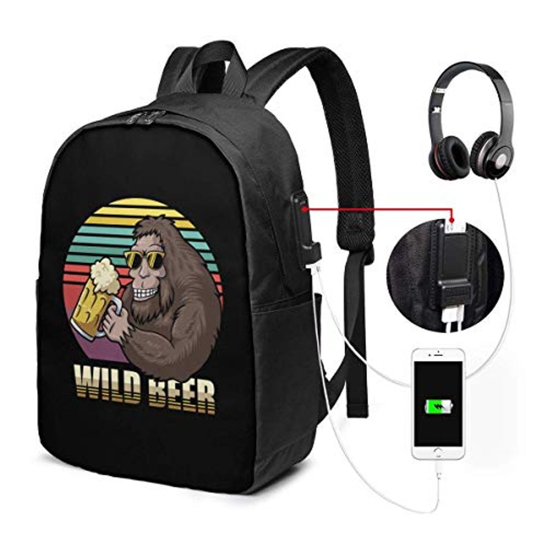 Moda Llynice Mochila Bigfoot Beer Retro USB para Llevar en Bolsas de 17