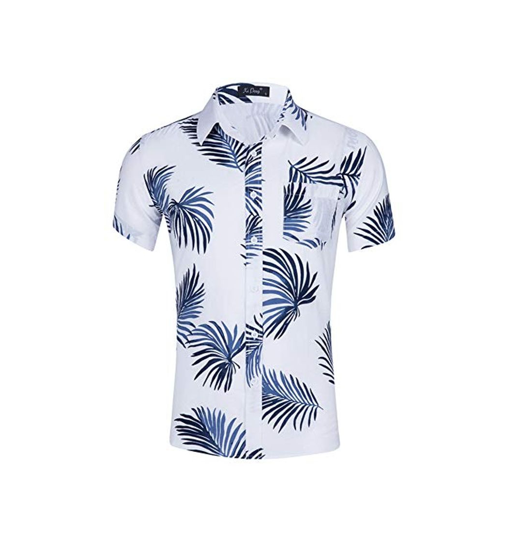 Fashion Loveternal Funky Camisa Casual Botón Abajo Camisa Hawaiana Camisas Verano Hombre Algodón de Manga Corta 3D Camisa Flor Blanco XL