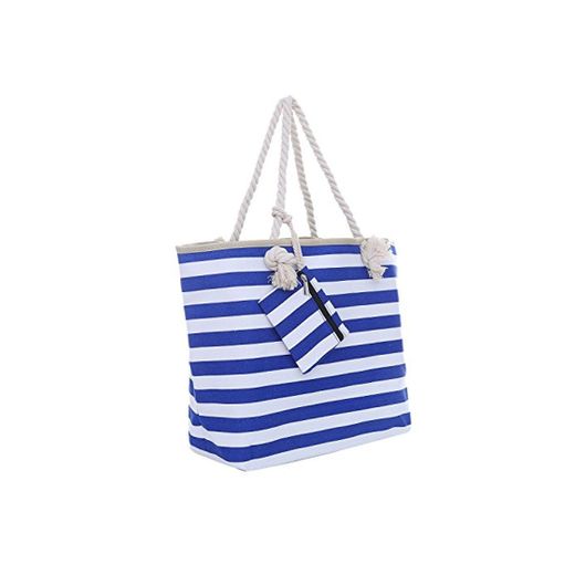 Bolsa de Playa Grande con Cremallera 58 x 38 x 18 cm Rayas marítimas Azul Blanco Shopper Bolsa de Hombro Bolsa de Playa