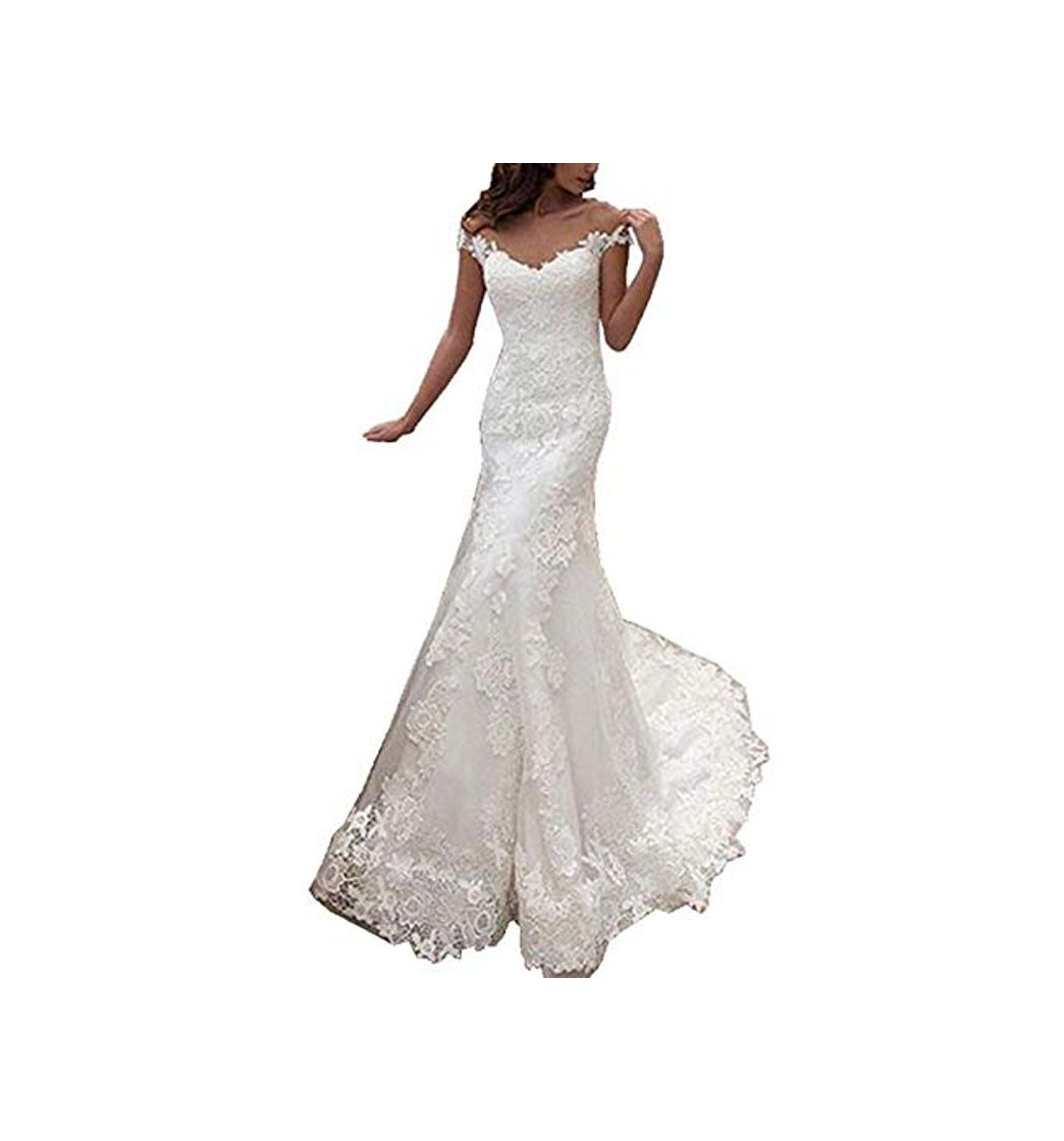 Social Vestido de Novia Mujer Sirena Largo Vestidos de Novia Encaje Manga del Casquillo Blanco EUR42