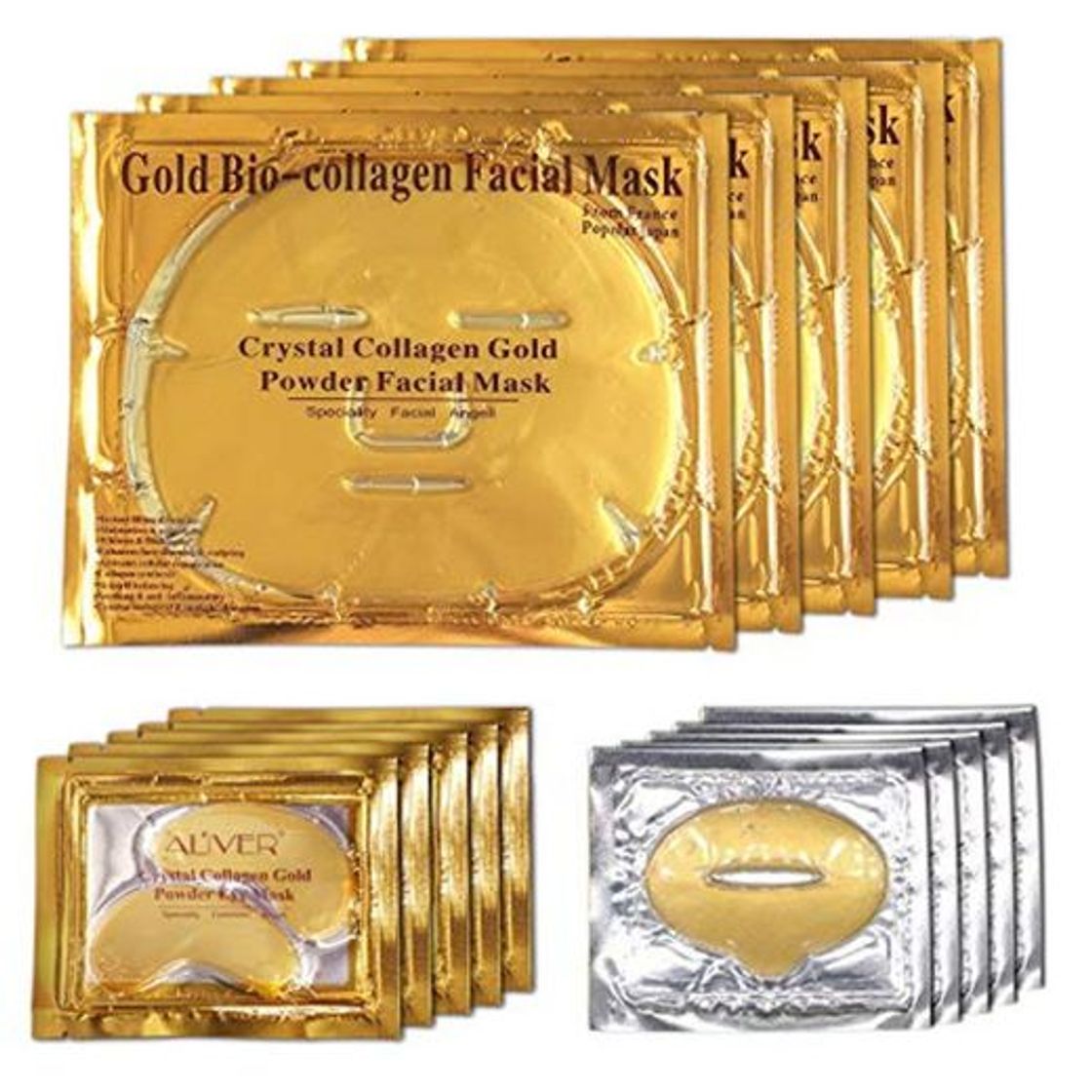 Social Aliver 24k Gold Bio-collagen Face Facial Mask + Gold Collagen Moisturizing Neck Mask + 2pairs Gold Powder Eye Mask+ 2pcs Gold Lip Mask (2sets