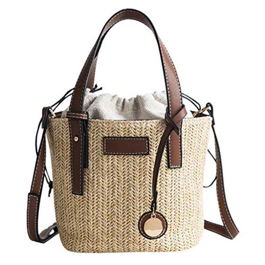 Luckycat Bolso Cubo De Verano Bolso De Playa Paja Bolso De Tejido para Mujer De Viaje Moda Femenina Crossbody Bolsos para Damas Tejido Hecho A Mano Redondo Bolsos de Hombro de Ratán Bolsa Feminina