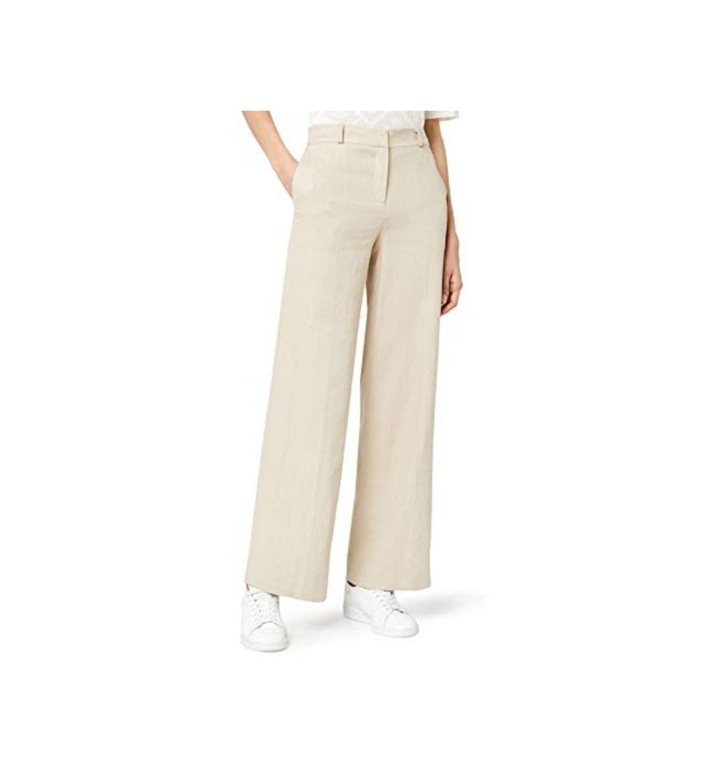 Fashion Marca Amazon - find. Pantalón Ancho de Lino Mujer, Beige