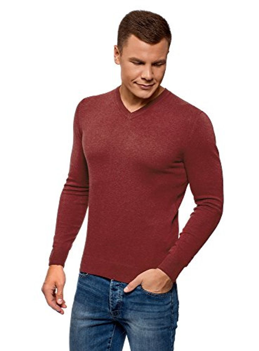 Fashion oodji Ultra Hombre Suéter Básico con Cuello Pico, Rojo, ES 50