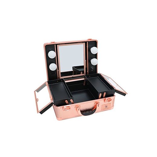 LUVODI Maleta de Maquillaje Profesional Estuche de Maquillaje de Aluminio Maletín de Cosméticos con Espejo y 4 Bombillas de Luces LED Color Oro Rosa