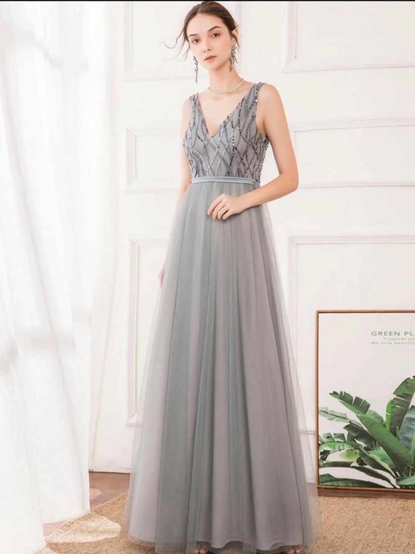 Vestido gris largo cuello v detalle lentejuelas 