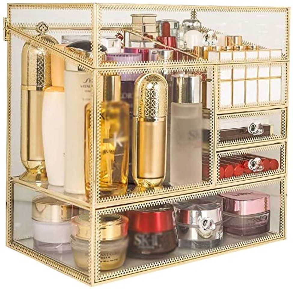 Home Zewoi Maquillaje Organizador Caja cosmética Marco del latón de Vidrio vitrinas Dresser