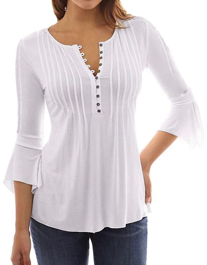 Fashion HRLYL Mujer Blusa De 3/4 Mangas De Cuerno 1/2 Botones Camisa