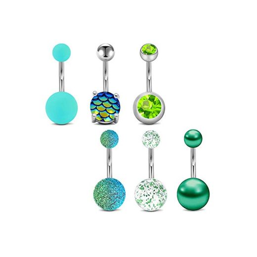 Mayhoop 6Piezas Anillo del Ombligo Piercing del Ombligo Acero Inoxidable 14G 10mm Verde para Las Mujeres y Las niñas Joyería del Cuerpo del Vientre