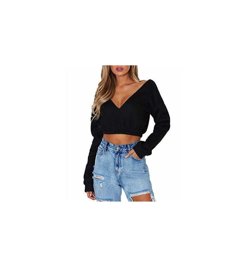 Product OUFour Primavera y Otoño Mujeres Crop Top Cuello V Manga Larga Remata