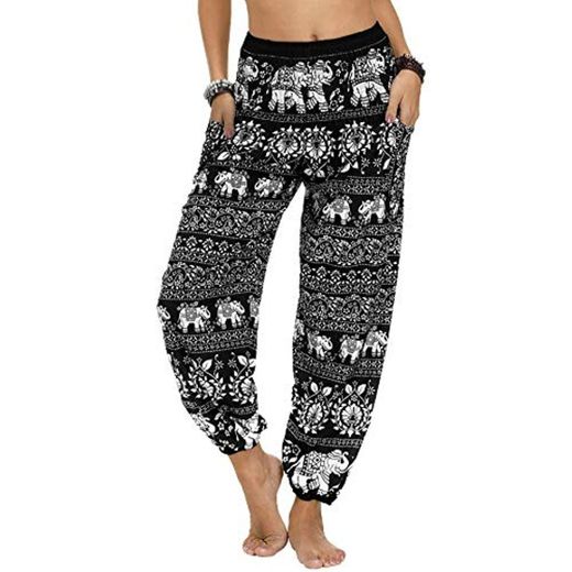 Nuofengkudu Mujer Hippies Pantalones Harem Tailandeses Boho Estampados Bolsillos Cintura Alta Baggy