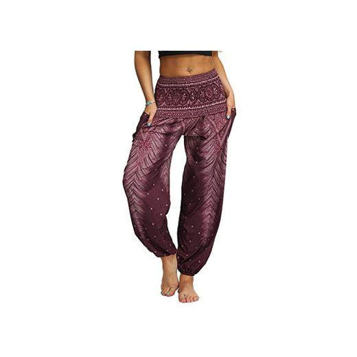 Nuofengkudu Mujer Hippies Pantalones Harem Tailandeses Boho Estampados Bolsillos Cintura Alta Baggy